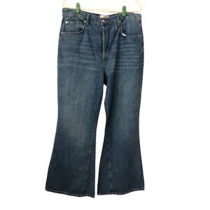 Free People Dawn Flare Jeans Size 32 Blue High Rise Button Fly Boho Retro Flawed